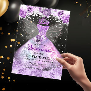 Invitations En Acrylique Chic lavande violette robe florale Quinceanera