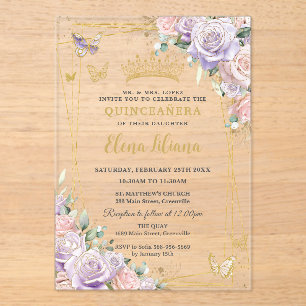 Invitations En Acrylique Chic Lilac Blush Floral Rose Quinceanera Sweet 16