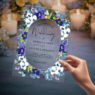Invitations En Acrylique Chic mariage floral poussiéreux bleu violet printe