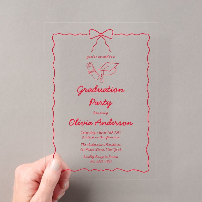 Invitations En Acrylique Chic Red Hand Drawn Bow Squiggle Graduation Party (In situ (ordinateur de poche))