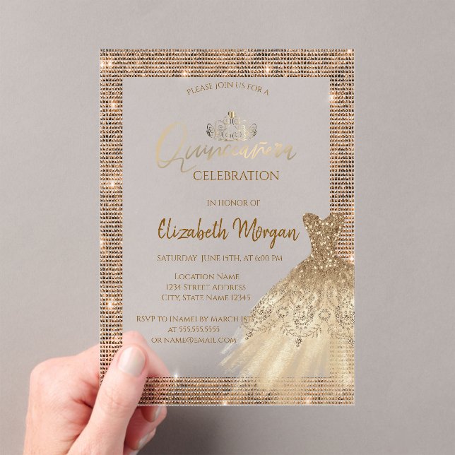 Invitations En Acrylique Chic Robe Vert Or Tiara, Diamonds Quinceañera (In situ (ordinateur de poche))