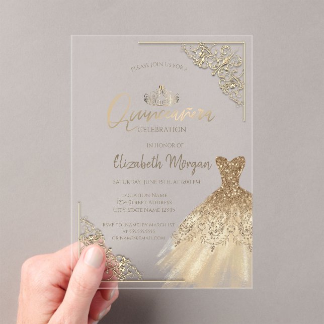 Invitations En Acrylique Chic Robe Vert Or Tiara, Diamonds Quinceañera (In situ (ordinateur de poche))