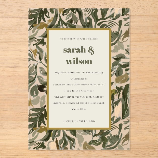 Invitations En Acrylique Chic Rustic Boho Retro Green Botanical Mariage (Recto)