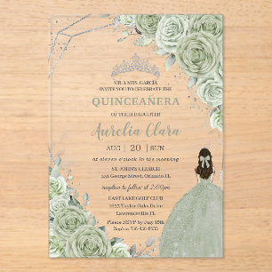 Invitations En Acrylique Chic Sage Green Floral Princesse Silver Quinceañer