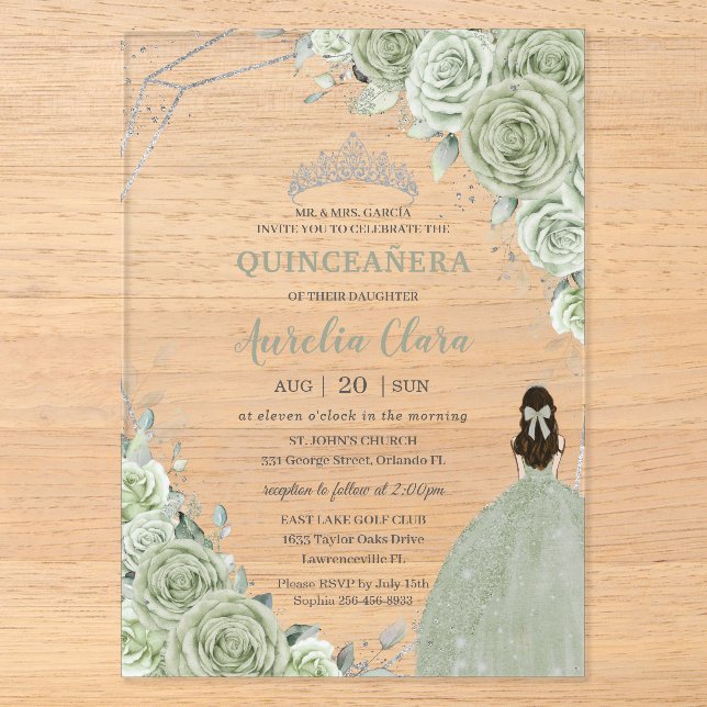Invitations En Acrylique Chic Sage Green Floral Princesse Silver Quinceañer (Recto)