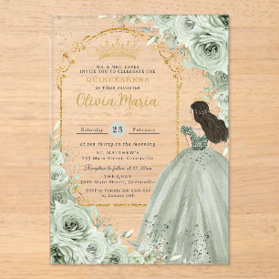 Invitations En Acrylique Chic Sage Green Floral Rose Princesse Quinceañera