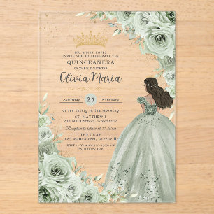 Invitations En Acrylique Chic Sage Vert Floral Brown Princesse Quinceañera