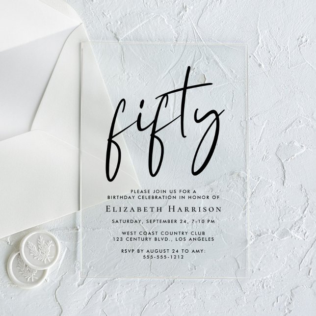 Invitations En Acrylique Chic Script 50e fête d'anniversaire (Créateur téléchargé)