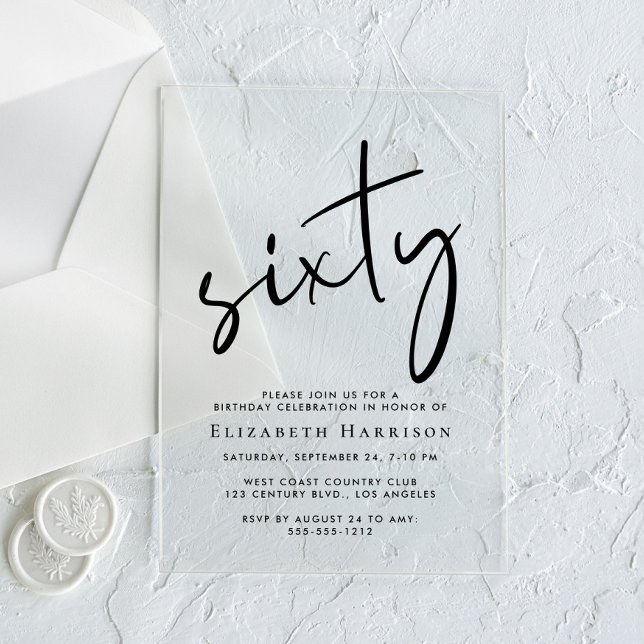 Invitations En Acrylique Chic Script 60e fête d'anniversaire (Créateur téléchargé)