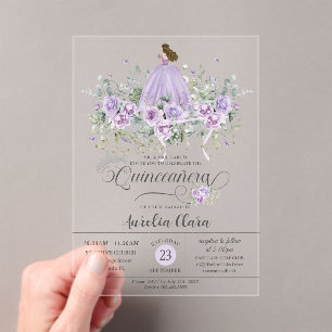 Invitations En Acrylique Chic Violet Lilac Floral Robe Fille Quinceañera XV