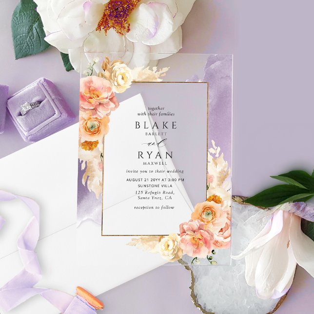 Invitations En Acrylique Chic violet, Pêche, Blush et crème Mariage floral (Créateur téléchargé)