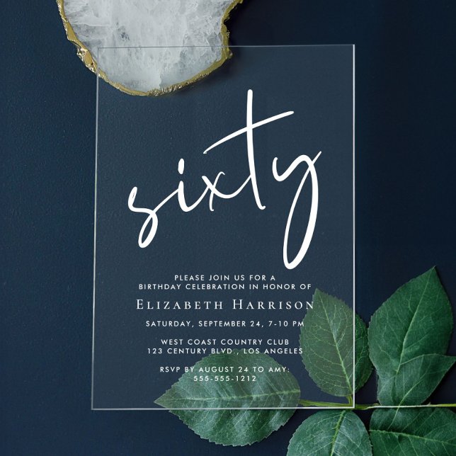 Invitations En Acrylique Chic White Script 60e fête d'anniversaire (Créateur téléchargé)