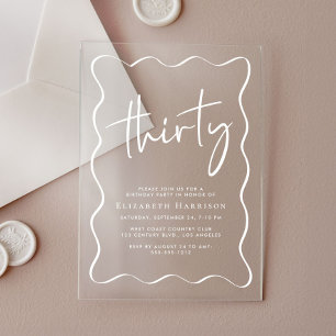 Invitations En Acrylique Chic White Script Wavy Frame 30e fête d'anniversai