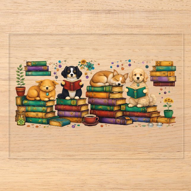 Invitations En Acrylique Chiens lisant des livres Scène de bibliothèque cos (Recto)