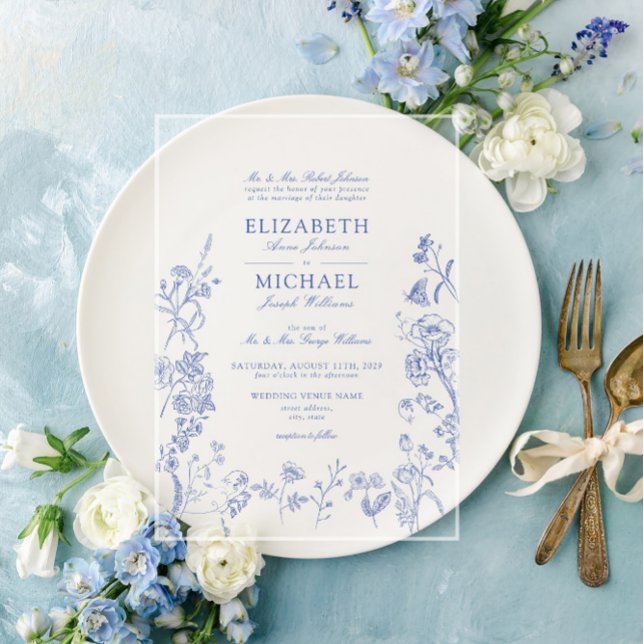 Invitations En Acrylique Chinoiserie classique Bleu Victorien Floral Mariag (Créateur téléchargé)