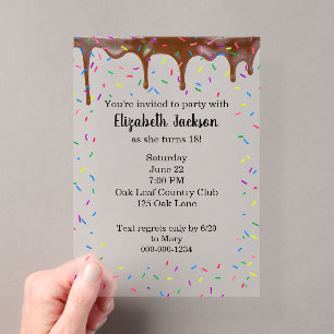 Invitations En Acrylique Chocolat qui coule et paillettes colorées d'annive