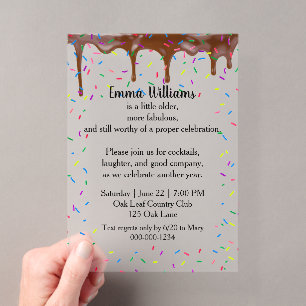 Invitations En Acrylique Chocolat qui coule et paillettes colorées d'annive