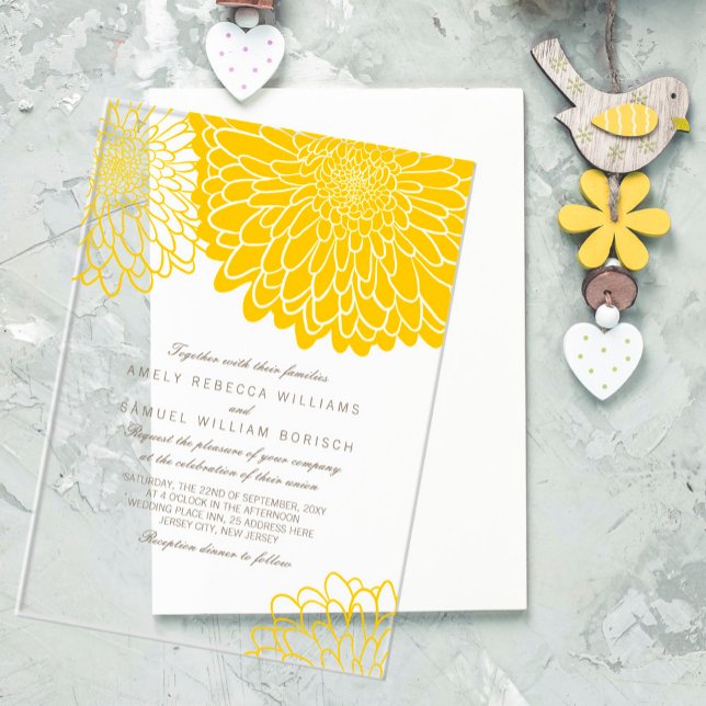 Invitations En Acrylique Chrysanthème jaune blanc élégant Mariage simple (Créateur téléchargé)