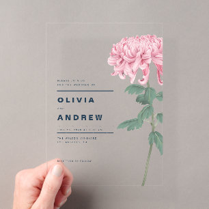 Invitations En Acrylique Chrysanthème rose romantique Mariage botanique
