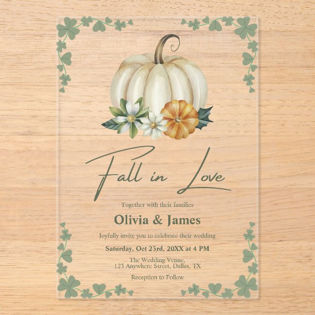 Invitations En Acrylique Chute en amour Citrouille Sage Mariage vert (Recto)