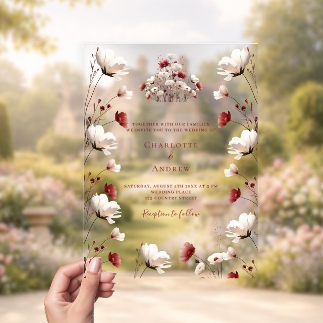 Invitations En Acrylique Chute fleur sauvage bordeaux crème boho clair mari (Créateur téléchargé)