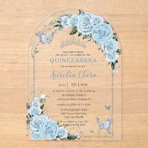 Invitations En Acrylique Ciel bleu clair Rose Floral Quinceañera Sweet 16 1