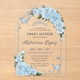 Invitations En Acrylique Ciel bleu clair Rose Floral Sweet 16 15 Quinceañer