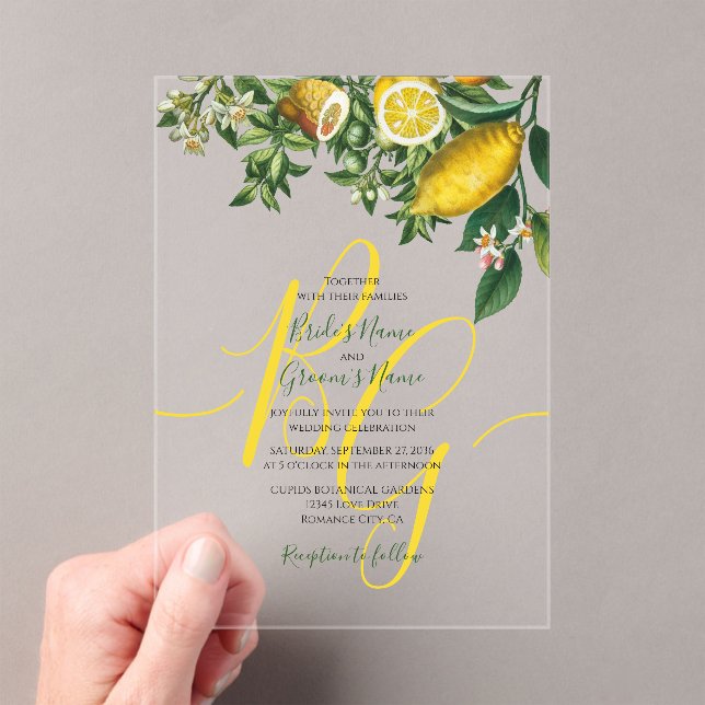 Invitations En Acrylique Citron jaune rustique et feuillage Mariage de verd (In situ (ordinateur de poche))