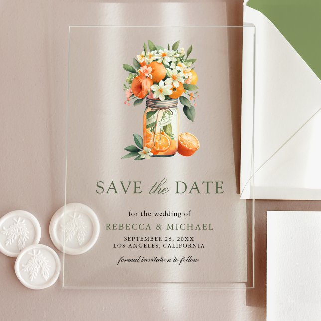 Invitations En Acrylique Citrus Orange Mason Jar Mariage Enregistrer la dat (Créateur téléchargé)