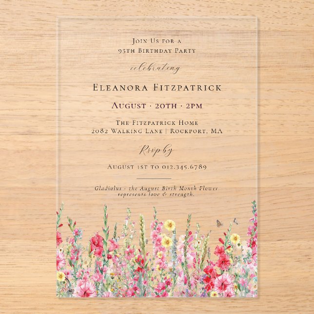 Invitations En Acrylique CLAIR ACRYLIQUE 95e Anniversaire Fleur de Naissanc (Recto)