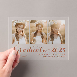 Invitations En Acrylique Classe Terracotta de 2025 Collage photo Graduation