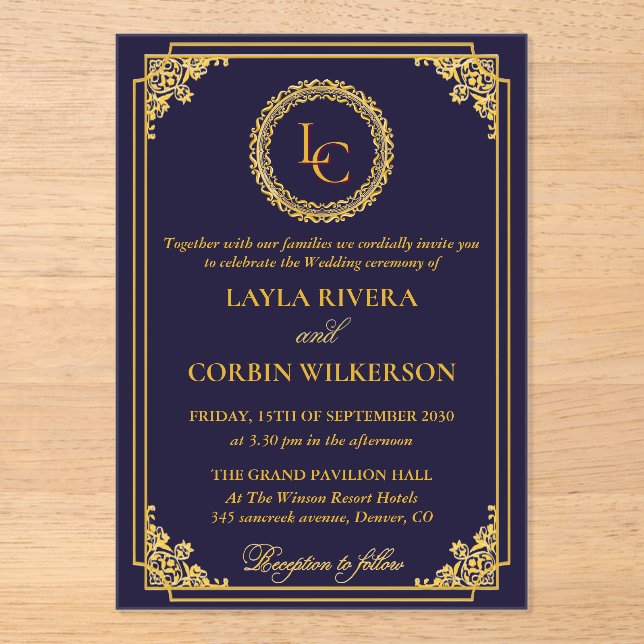 Invitations En Acrylique Classic Gold Frame Royal Monogram Wedding (Recto)