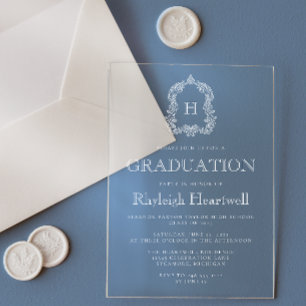 Invitations En Acrylique Classic White Monogram Crest Graduation Party