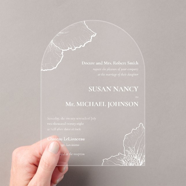 Invitations En Acrylique Classique Blanc Clematis Line Art Formel Mariage � (In situ (ordinateur de poche))