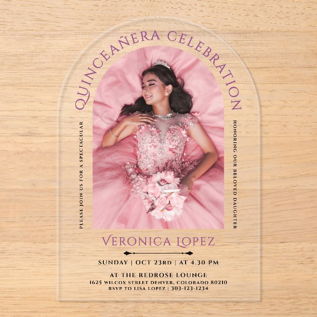 Invitations En Acrylique Classique Moderne Elégante Fille Violet 15ème Anni (Recto)