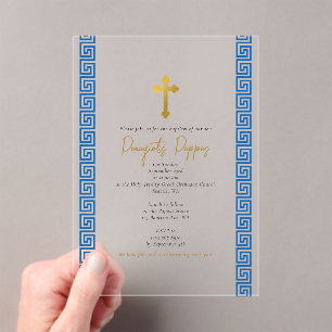 Invitations En Acrylique Clé grecque Bleue Baptême de bébé orthodoxe