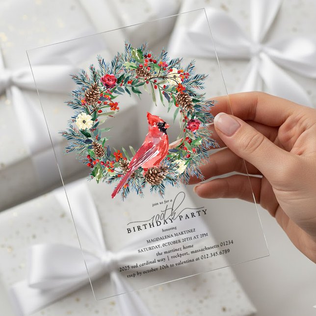Invitations En Acrylique CLEAR ACRYLIC 100th Birthday Party Cardinal (Créateur téléchargé)