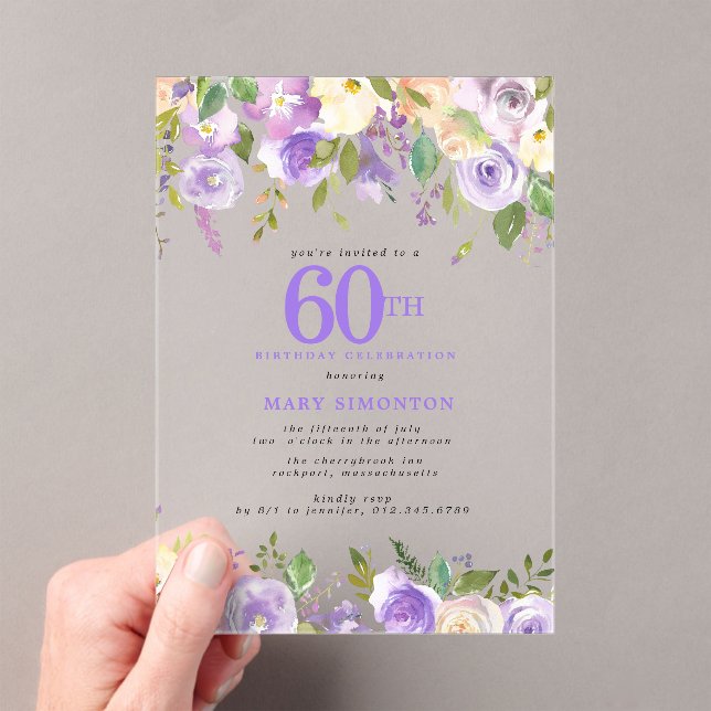 Invitations En Acrylique CLEAR ACRYLIC Purple Floral 60th Birthday Party (In situ (ordinateur de poche))