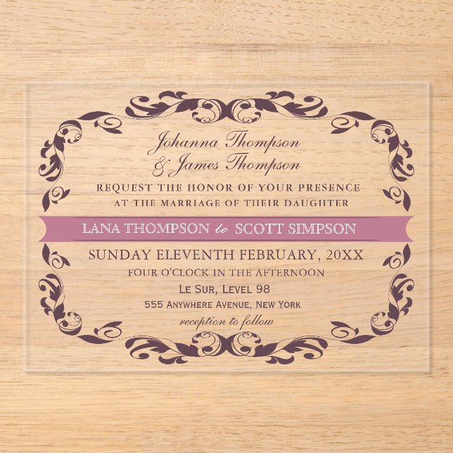 Invitations En Acrylique CLEAR Elegant Victorian Filigree White Wedding (Recto)