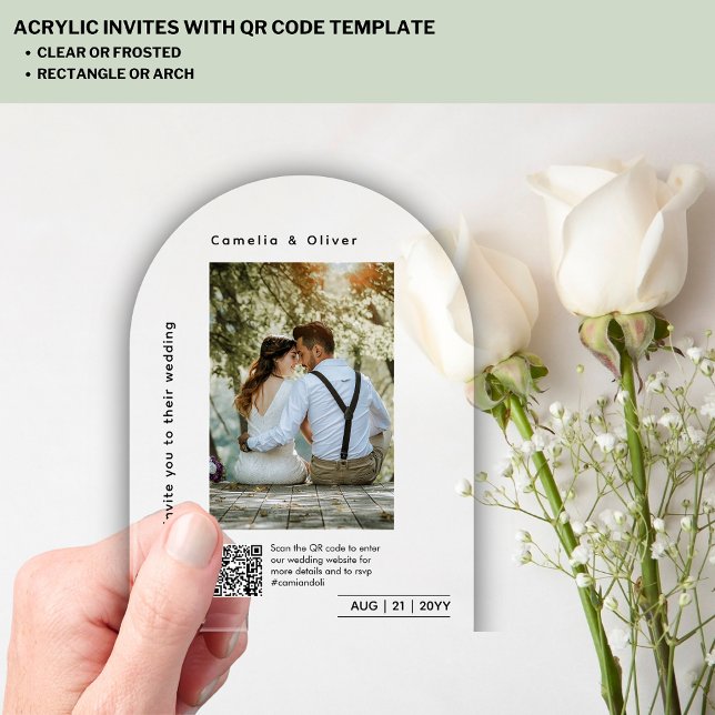Invitations En Acrylique CLEAR PHOTO Mariage Enregistrer Date Moderne QR Co (Créateur téléchargé)