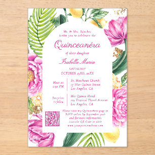 Invitations En Acrylique Code QR de photo florale à l'aquarelle Quinceañera