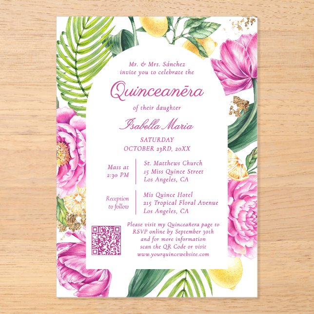 Invitations En Acrylique Code QR de photo florale à l'aquarelle Quinceañera (Recto)