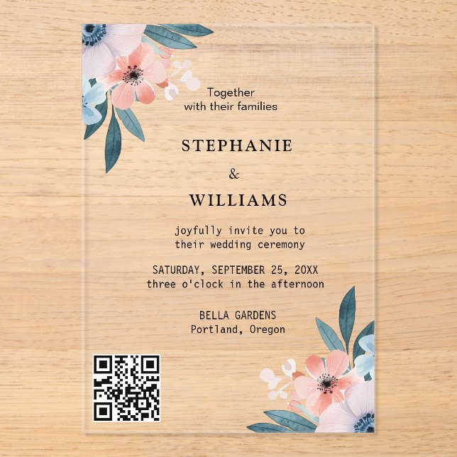 Invitations En Acrylique Code Qr élégant | Dusty Blue Floral Mariage (Recto)