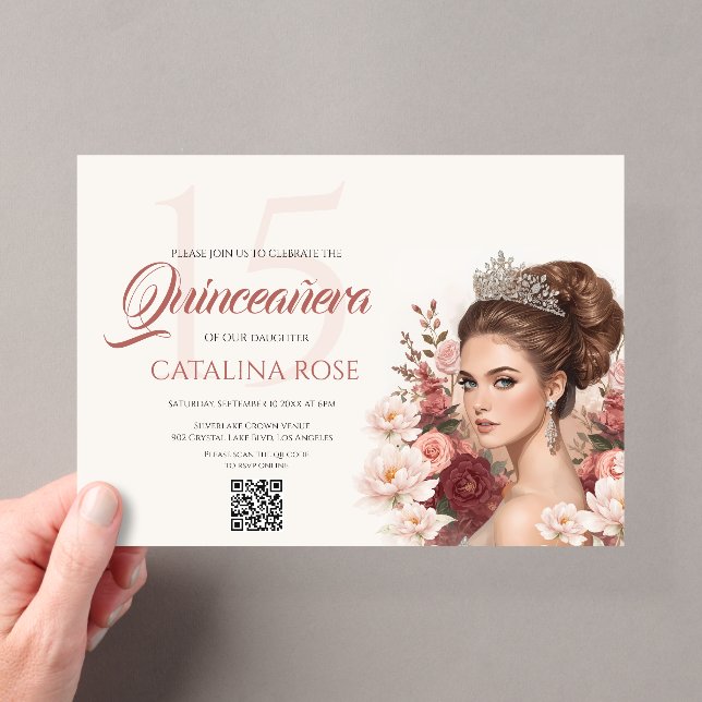 Invitations En Acrylique Code QR Rose Fardée Élégant pour Quinceañera (In situ (ordinateur de poche))