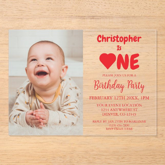 Invitations En Acrylique Coeur 1er anniversaire (Recto)