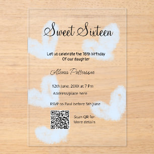 Invitations En Acrylique Coeurs d'aquarelle bleu QR Sweet sixteen anniversa