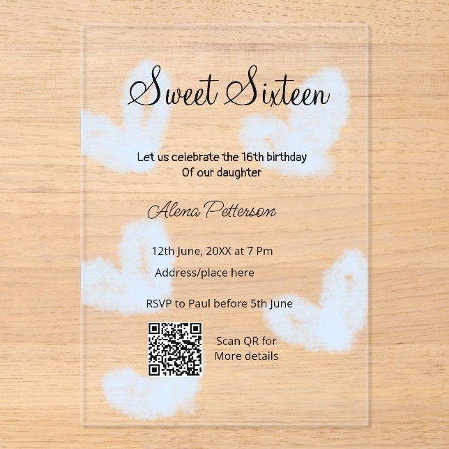 Invitations En Acrylique Coeurs d'aquarelle bleu QR Sweet sixteen anniversa (Recto)