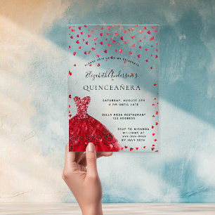 Invitations En Acrylique Coeurs de robe rouge Quinceanera clair