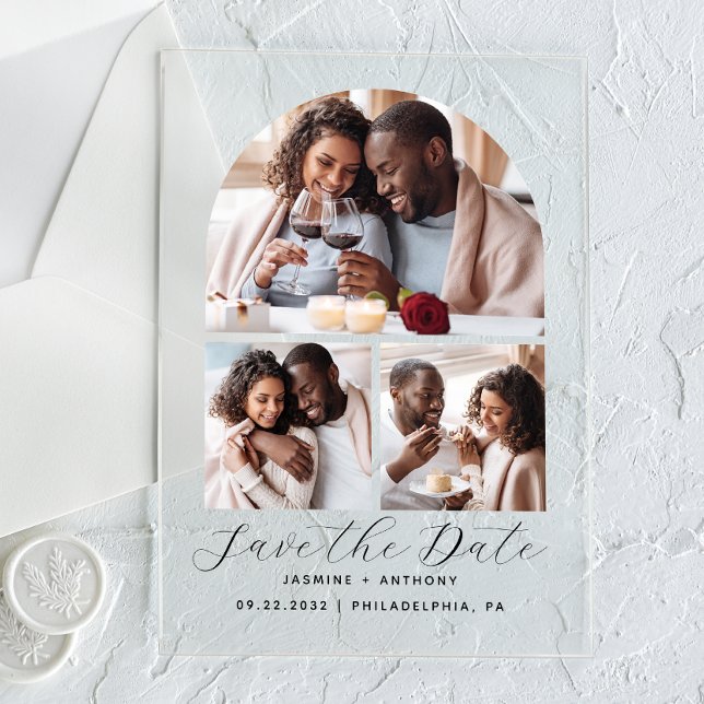 Invitations En Acrylique Collage minimal d'arches 3 photos Enregistrer la d (Créateur téléchargé)