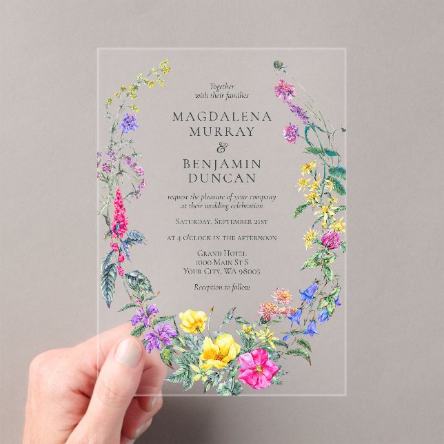 Invitations En Acrylique Colorful Wildflowers Floral Meadow Wreath Wedding (In situ (ordinateur de poche))
